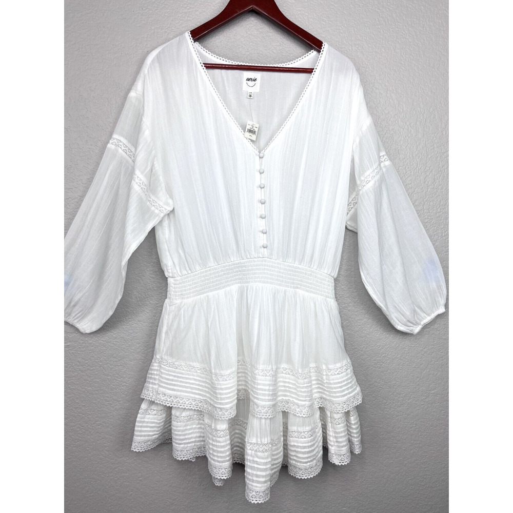 NWT Aerie Casual White Dress Size Large Lace Ruffle Skirt Breezy Boho Beach Soft